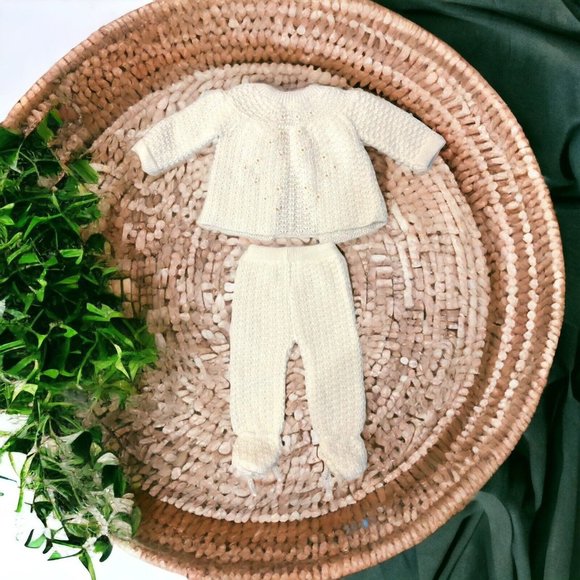 Hand Knit Other - Vtg Italy Knit New Born Baby Layette Ribbon Sweater Pants White Wedding Baptism
